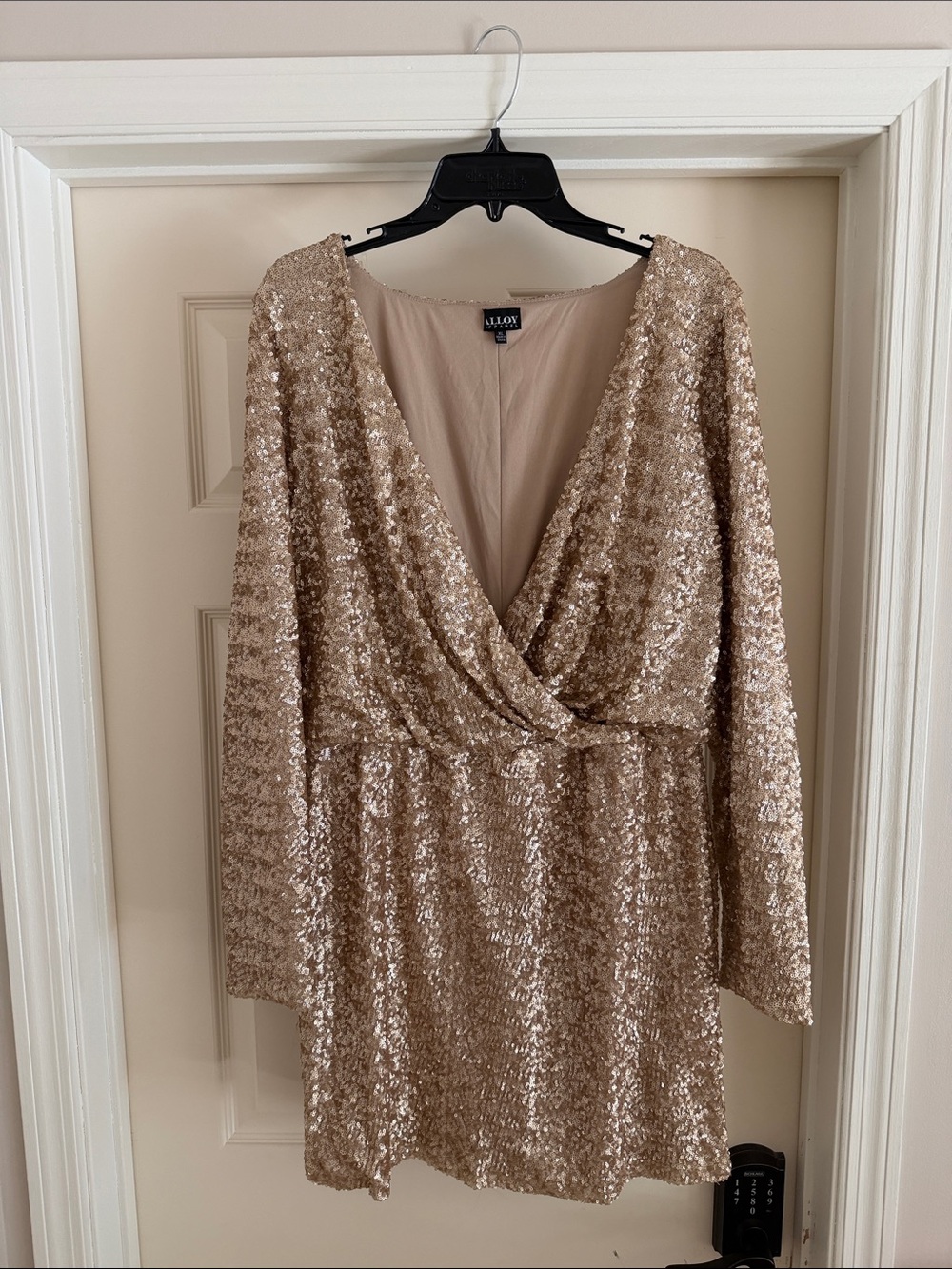 ALLOY Champagne Sequin Long Sleeve V-Neck Dress